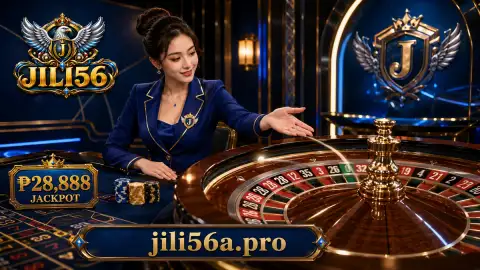 JILI56 live casino dealer beside sapphire felt, silver chips, card details and polished gold table rails