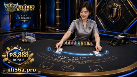 Roulette wheel and studio table scene inside the sapphire-toned JILI56 live casino