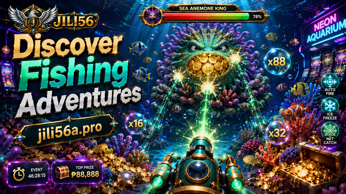 JILI56 game download fishing scene with a gold-and-silver cannon facing a blue-gold fish in sapphire water