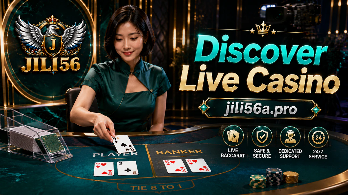 JILI56 online casino live table with sapphire felt, poised dealer, ordered chips, polished rails and a still roulette wheel